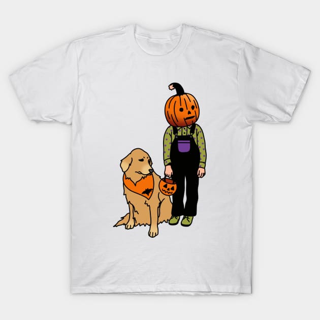 Pumpkin Boy With His Dog T-Shirt by drawingsbydarcy